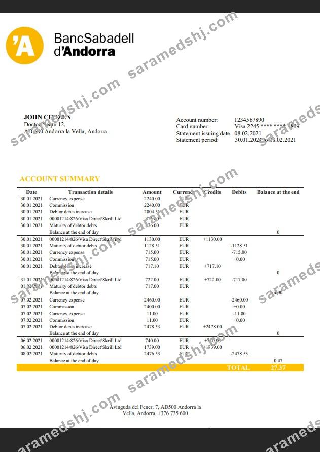 Andorra BancSabadell d'Andorra bank statement